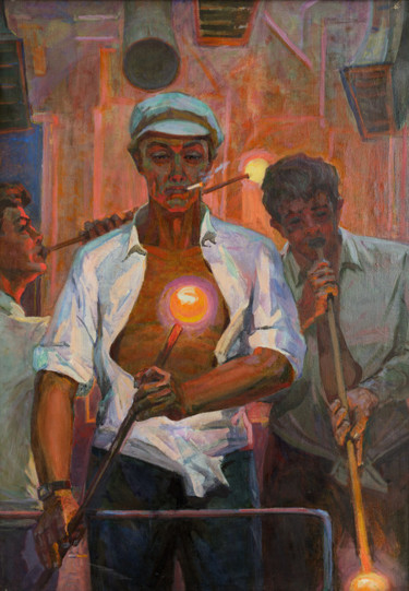 Painting titled "Glassblowers" by Vasiliy Strigin, Original Artwork, Oil