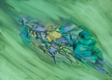 Painting titled "Green" by Veartci, Original Artwork, Watercolor Mounted on Wood Panel