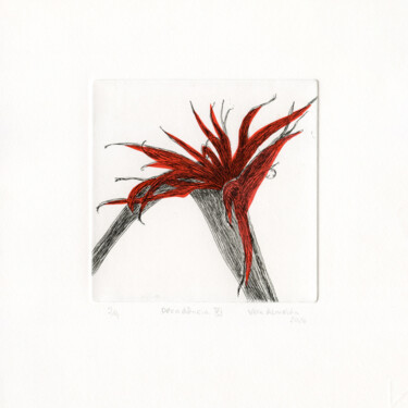 Gravures & estampes intitulée "Decay XI, Red Bird…" par Vera Almeida, Œuvre d'art originale, Eau-forte