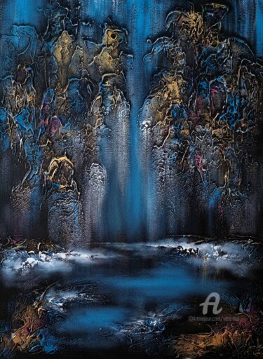 Peinture intitulée ""Night Waterfall"" par Vera Hoi, Œuvre d'art originale, Acrylique Monté sur Châssis en bois