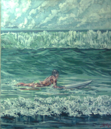 Schilderij getiteld "awaiting the wave" door James Wardroper, Origineel Kunstwerk, Olie