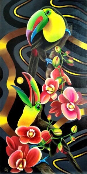 Malerei mit dem Titel "Два тукана в цветах…" von Vera Winter, Original-Kunstwerk, Acryl