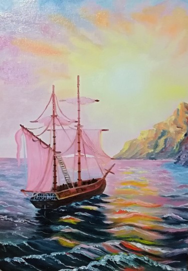 Pintura intitulada ""A ship with pink s…" por Vera Iurchenko, Obras de arte originais, Óleo Montado em Armação em madeira