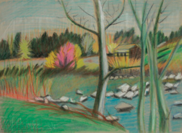 Malerei mit dem Titel "Frühling an der Thu…" von Verena Bolliger, Original-Kunstwerk, Pastell Auf Karton montiert