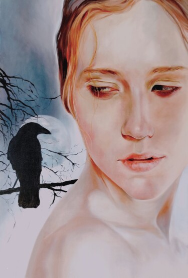 Painting titled "The Raven moon" by Veronica Ciccarese, Original Artwork, Oil