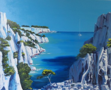 Painting titled "Calanques d'En Vau#…" by Véronique Degabriel, Original Artwork, Oil Mounted on Wood Stretcher frame