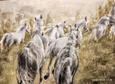 Painting titled "Camargue 2" by Véronique Emmanuelle Bernard, Original Artwork, Acrylic Mounted on Wood Stretcher frame