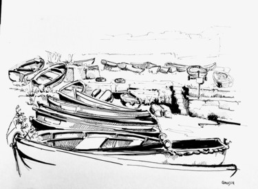 Drawing titled "Les barques, querqu…" by Veronique Gaudin, Original Artwork, Ink