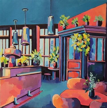 Painting titled "Bistrot, paris 20eme" by Veronique Gaudin, Original Artwork, Acrylic Mounted on Wood Stretcher frame