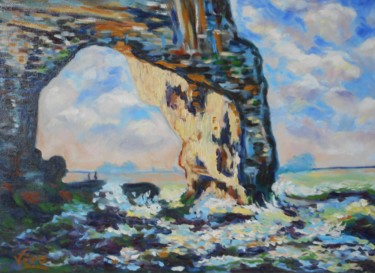 Malerei mit dem Titel "Claude Monet "Etret…" von Véronique Lauron, Original-Kunstwerk, Öl