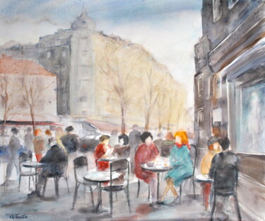 Malerei mit dem Titel "Terrasse à Paris l'…" von Véronique Le Forestier, Original-Kunstwerk, Aquarell