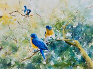 Peinture intitulée "Trois oiseaux perch…" par Véronique Le Forestier, Œuvre d'art originale, Aquarelle