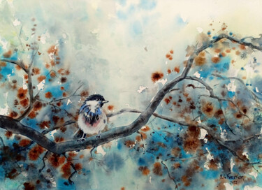 Картина под названием "Petit oiseau sur un…" - Véronique Le Forestier, Подлинное произведение искусства, Акварель