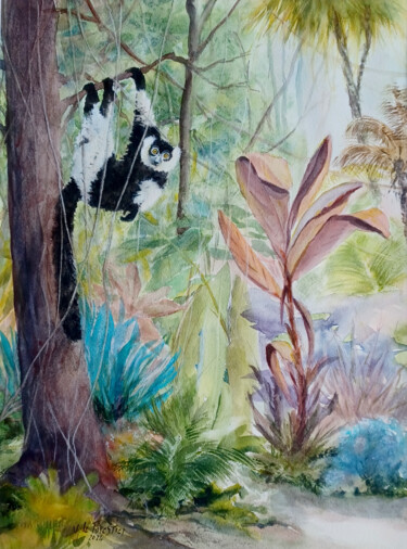 Peinture intitulée "Lémurien suspendu" par Véronique Le Forestier, Œuvre d'art originale, Aquarelle