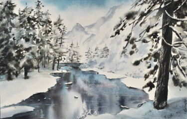 Peinture intitulée "rivière et neige" par Véronique Le Forestier, Œuvre d'art originale, Aquarelle