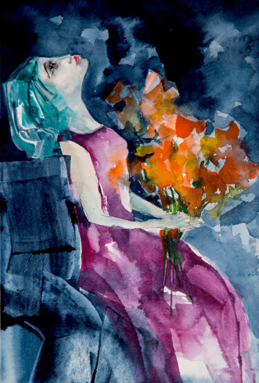 Painting titled "Femme blues-06" by Véronique Piaser-Moyen, Original Artwork, Watercolor