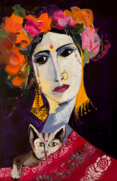 Pittura intitolato "Le chat de la march…" da Véronique Piaser-Moyen, Opera d'arte originale, Acrilico