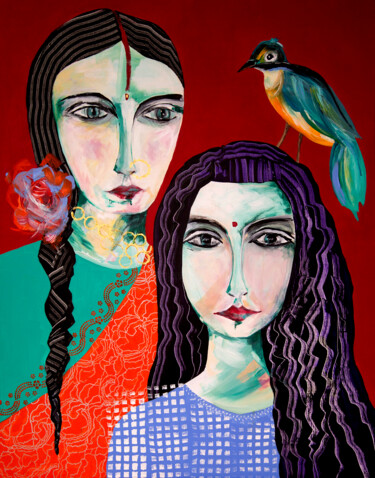 Картина под названием "Bird's family 02" - Véronique Piaser-Moyen, Подлинное произведение искусства, Акрил Установлен на Дер…