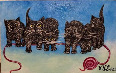 Painting titled "Les chatons a la pe…" by Véronique Nelly Schirer, Original Artwork, Acrylic