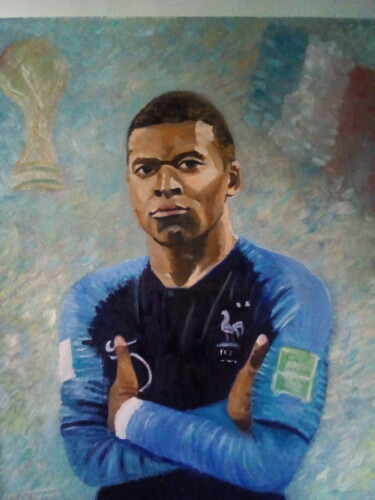 Pittura intitolato "Portrait mbappe" da Veronique Thisse, Opera d'arte originale, Olio