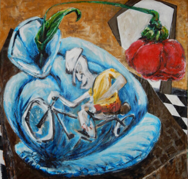 Painting titled "Hey boy with a bike…" by Filip Callewaert, Original Artwork, Acrylic