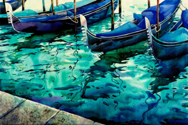 Digitale Kunst mit dem Titel "Venetian gondolas" von Natalia Veyner, Original-Kunstwerk, Digitale Malerei