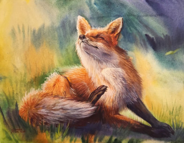 Schilderij getiteld "Red fox" door Natalia Veyner, Origineel Kunstwerk, Aquarel