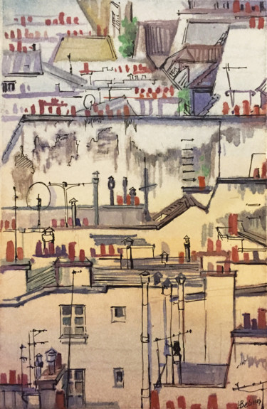 Картина под названием "Roofs of Paris" - Natalia Veyner, Подлинное произведение искусства, Акварель