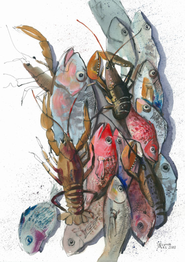 Painting titled "Fish and crayfish" by Natalia Veyner, Original Artwork, Watercolor