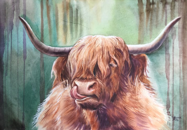 Painting titled "Bull" by Natalia Veyner, Original Artwork, Watercolor