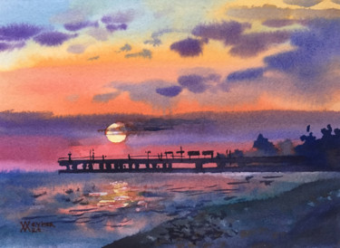 Pittura intitolato "Sunset at the sea.…" da Natalia Veyner, Opera d'arte originale, Acquarello