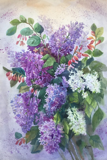 Pintura intitulada "Lilac bouquet. Summ…" por Natalia Veyner, Obras de arte originais, Aquarela