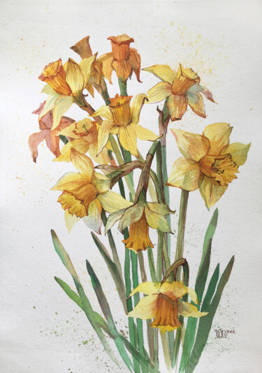 Painting titled "Daffodils. Spring f…" by Natalia Veyner, Original Artwork, Watercolor