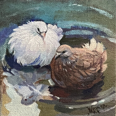 Pintura intitulada "Two pigeons in a pu…" por Natalia Veyner, Obras de arte originais, Óleo