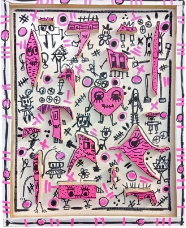 Картина под названием "les bidules pink" - Vhe, Подлинное произведение искусства, Акрил Установлен на Деревянная рама для но…
