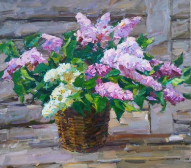 Painting titled "lilac in the basket" by Viacheslaw Pereta, Original Artwork, Oil