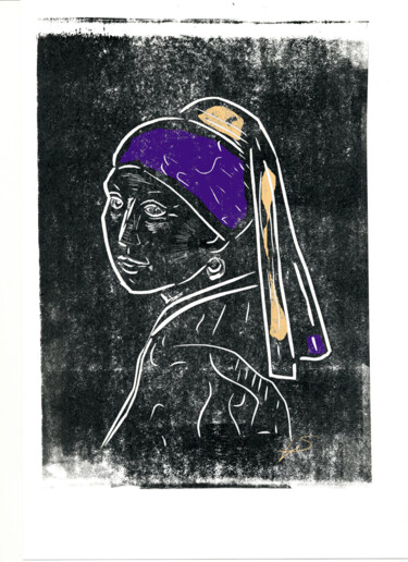 Druckgrafik mit dem Titel "Girl with a Pearl E…" von Victor Shefer, Original-Kunstwerk, Linoldrucke