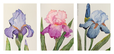 Painting titled "Les Iris, Set de 3…" by Victoria Girerd, Original Artwork, Watercolor