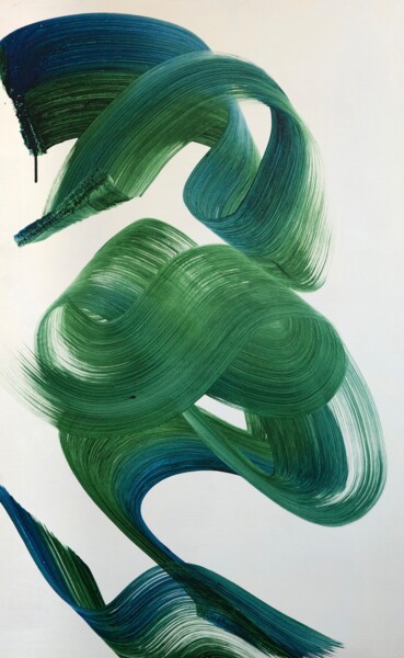 Painting titled "Flow green" by Victoria Román, Original Artwork, Acrylic Mounted on Wood Panel