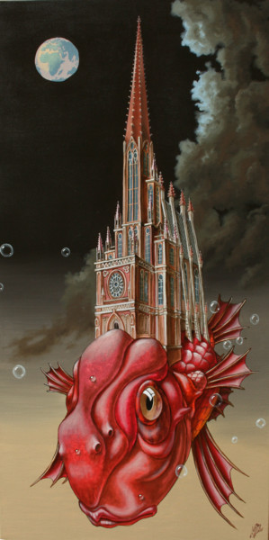 Schilderij getiteld "Archi-Fish" door Victor Molev, Origineel Kunstwerk, Olie