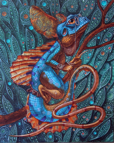 Painting titled "Common Basilisk" by Victor Molev, Original Artwork, Oil Mounted on Cardboard