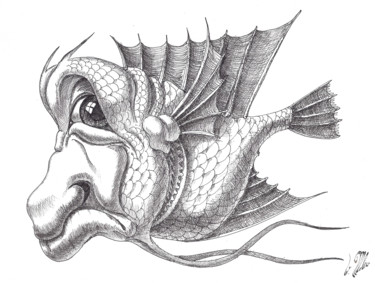 Drawing titled "Deep Sea Philosopher" by Victor Molev, Original Artwork, Ink