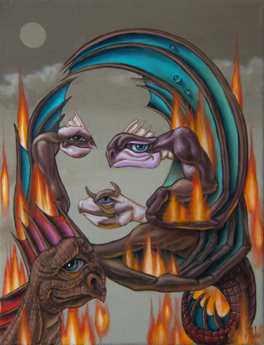 绘画 标题为“Flaming Dragons” 由Victor Molev, 原创艺术品, 油