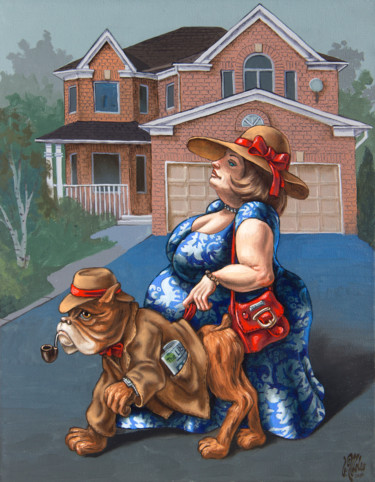 Painting titled "Lady With a Dog" by Victor Molev, Original Artwork, Oil Mounted on Wood Stretcher frame