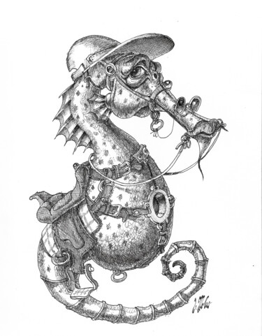 Drawing titled "Seahorse in Jockey…" by Victor Molev, Original Artwork, Ink