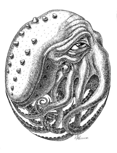 Disegno intitolato "Octopus in an Oval" da Victor Molev, Opera d'arte originale, Inchiostro