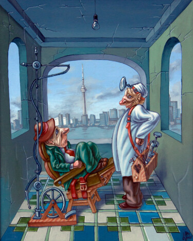 Painting titled "Dentist." by Victor Molev, Original Artwork, Oil Mounted on Wood Stretcher frame