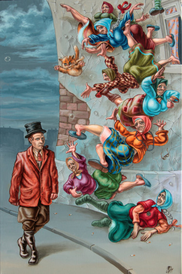 Ζωγραφική με τίτλο "Falling old ladies" από Victor Molev, Αυθεντικά έργα τέχνης, Λάδι Τοποθετήθηκε στο Ξύλινο φορείο σκελετό