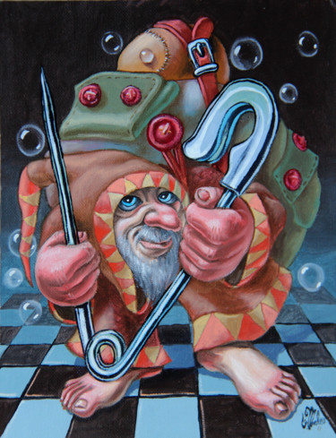 Pintura titulada "Dwarf with a Pin." por Victor Molev, Obra de arte original, Oleo Montado en Cartulina