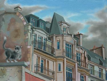 Peinture intitulée "Chat avec le boulev…" par Victor Molev, Œuvre d'art originale, Huile
